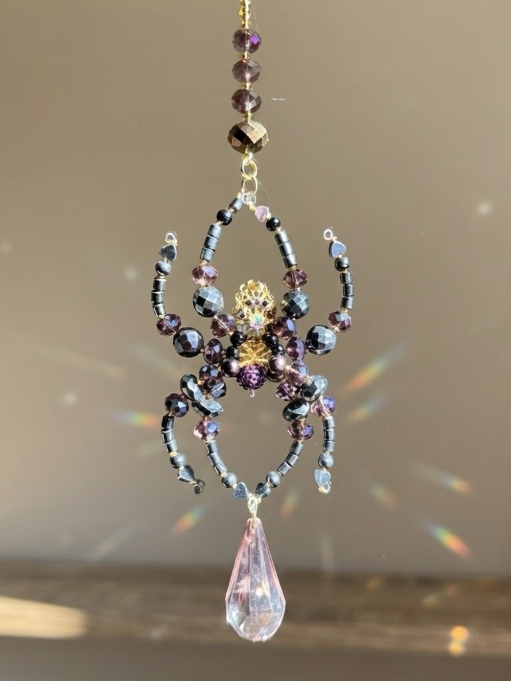 Handmade Beaded Spider Suncatcher Ornament Recycled Jewelry Purple Black